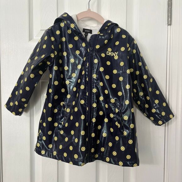 DKNY Toddler Girls 2T Navy Yellow Daisy Print Hooded Raincoat Jacket - Picture 1 of 12